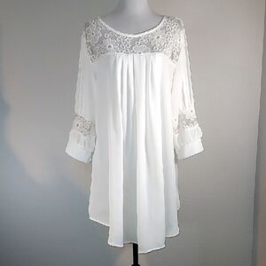 Reborn White Chiffon Floral Lace Dress Scoop Neck Swim Cover Up Tunic Size XL